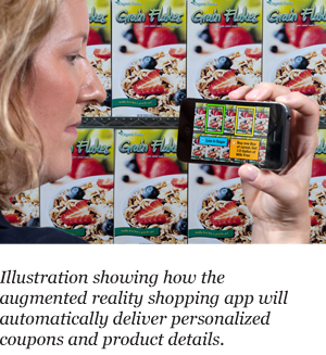 Illustration showing how the augmented reality shopping app will automatically deliver personalized coupons and product details.